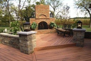 Deck fireplace stone wall