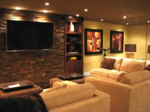 modern basement with home theater